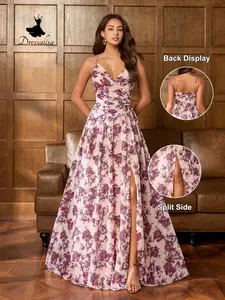 Elegant Floral Print A-Line Chiffon Dress with Thin Straps, Perfect for Summer Weddings, Garden Brunches, Beach Dates, Vacation Wear