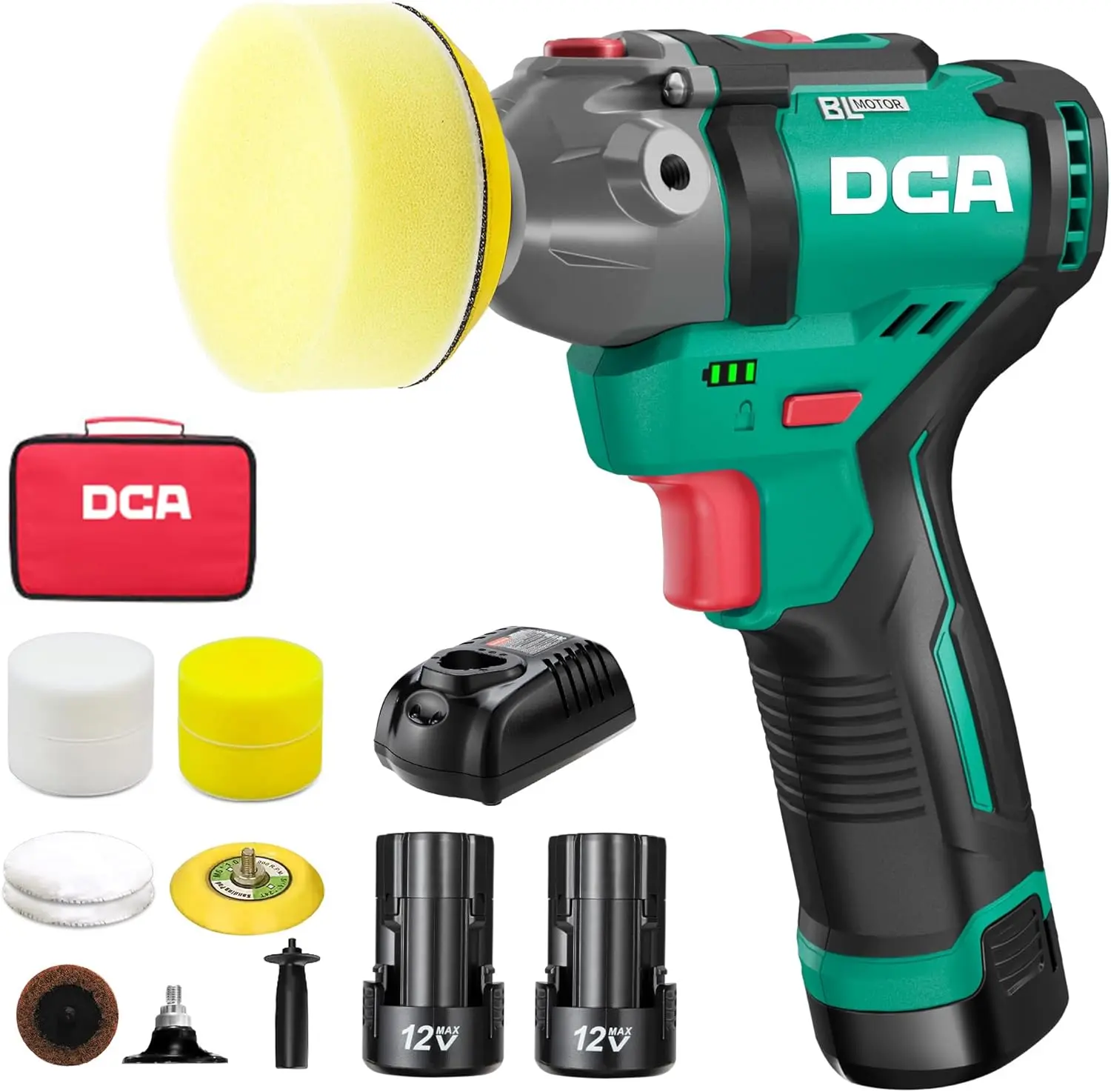 【5-year warranty】DCA 12V Cordless Polisher 14-Piece Kit,  3-inch Car Polisher & 2-inch Sander, 2-Speed (2800-8300 RPM), for Auto Detailing, Waxing, Floor/Metal/Wood/Tile Polishing