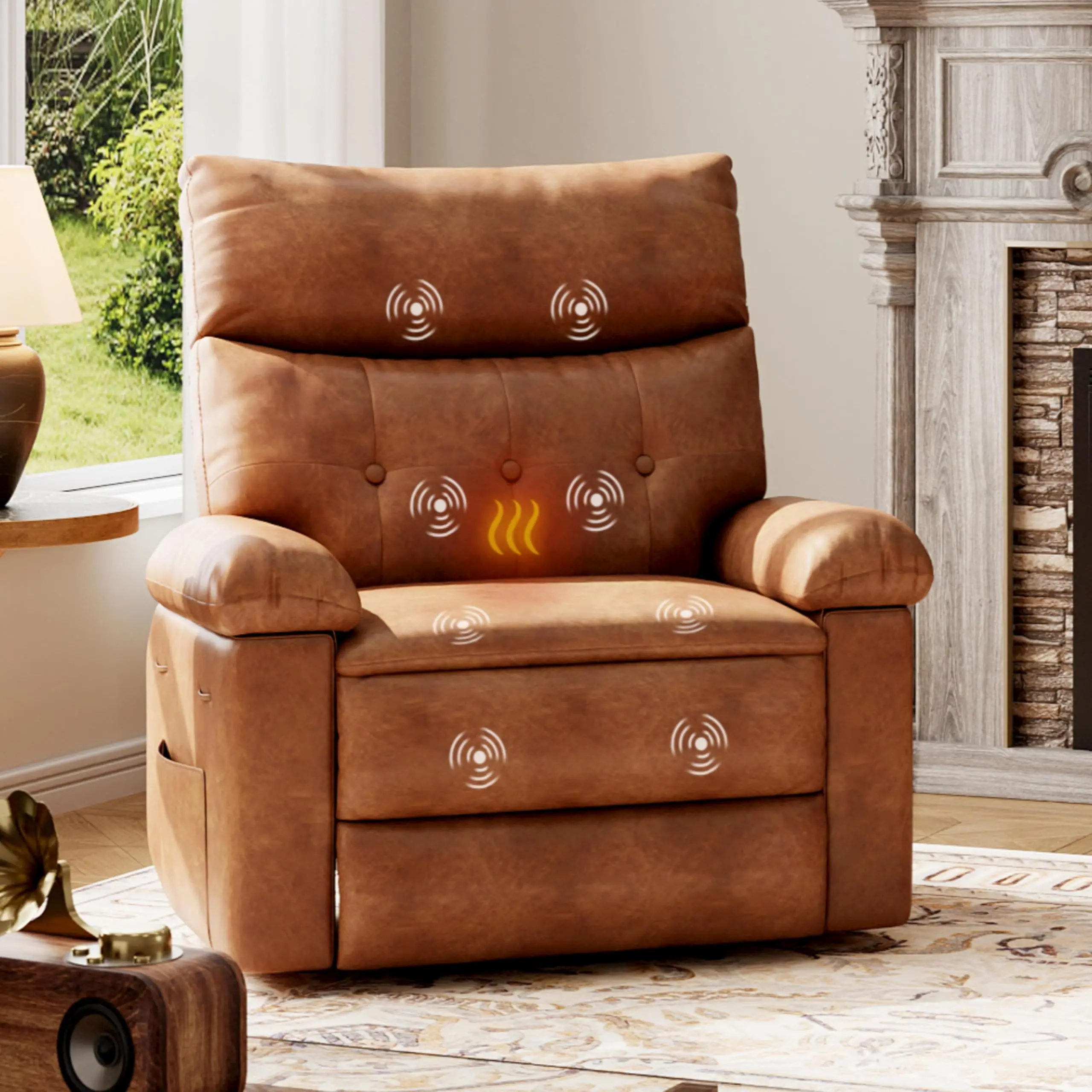 Garvee Oversized Leather Recliner Chair - Heat and Massage, Swivel Rocker Manual Recliner for Adults, Lazy Rocking Chair with Comfort Arms and Back Single Sofa for Living Room