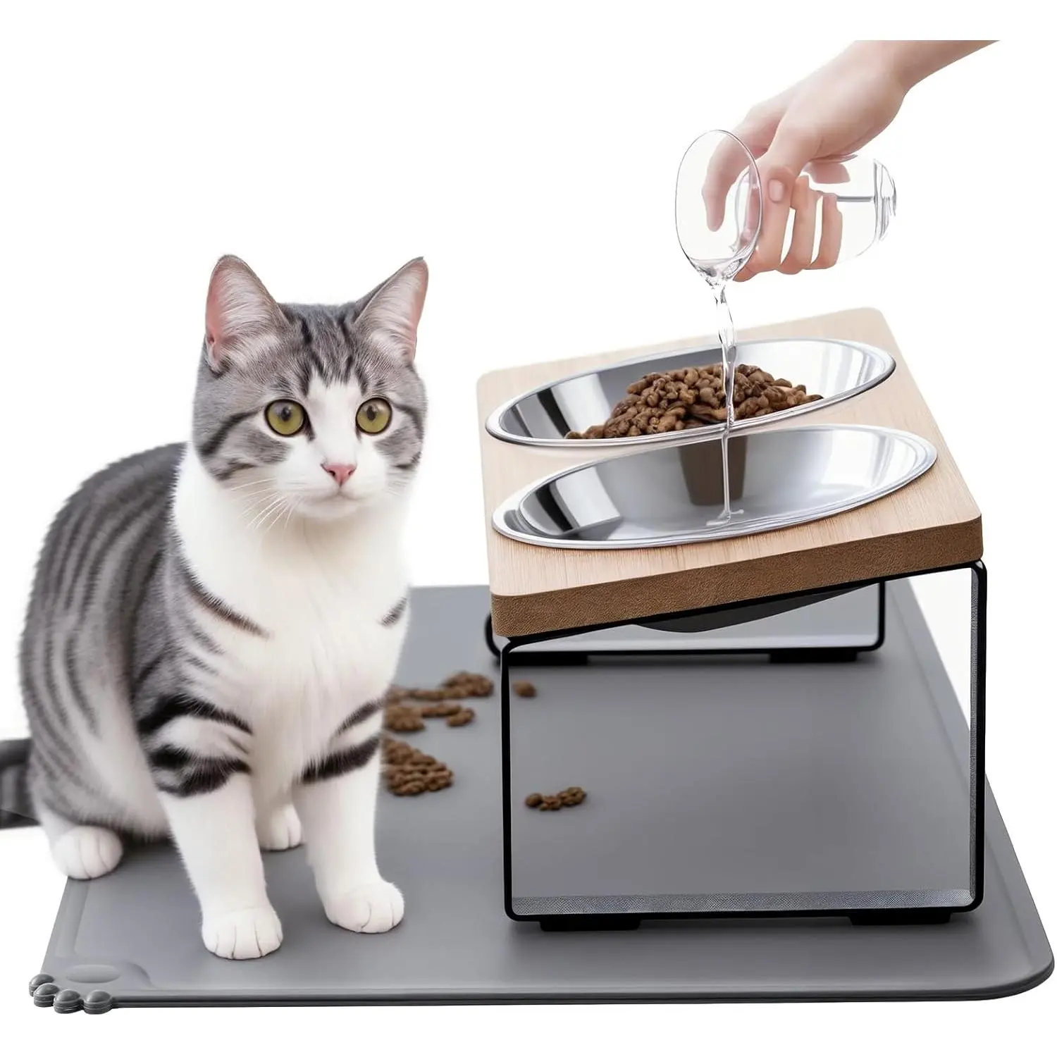 Upgraded Elevated  Bowls with  Mat,15?Tilted Stand Anti Vomiting Raised  Dishes for  and Water,2 Stainless Steel Bowls for Cats and Puppy