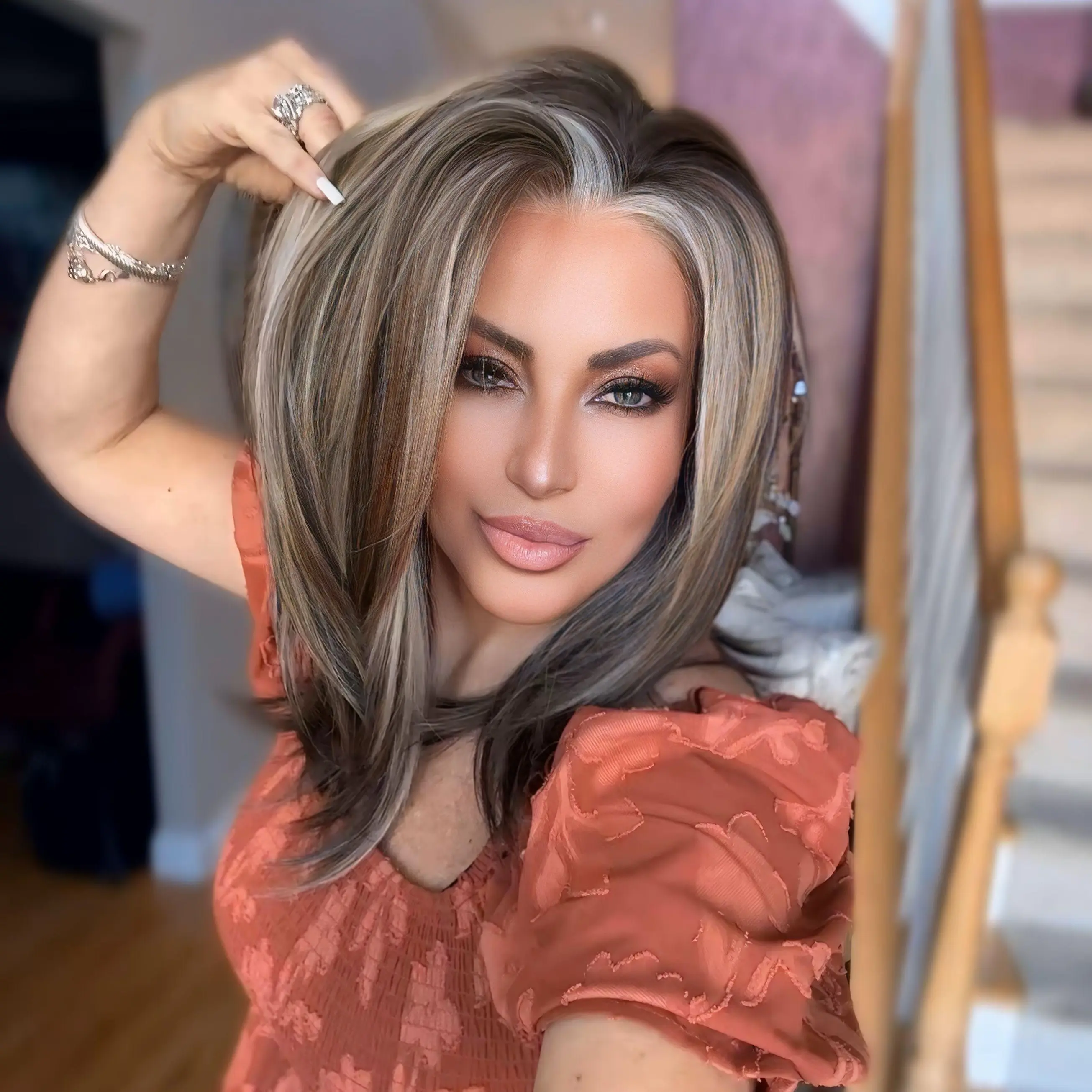 IMstyle Dyana Brown with Blonde Highlight Glueless 13*4 Lace Front Wigs Heat Friendly Synthetic Wig for Women Daily Wear