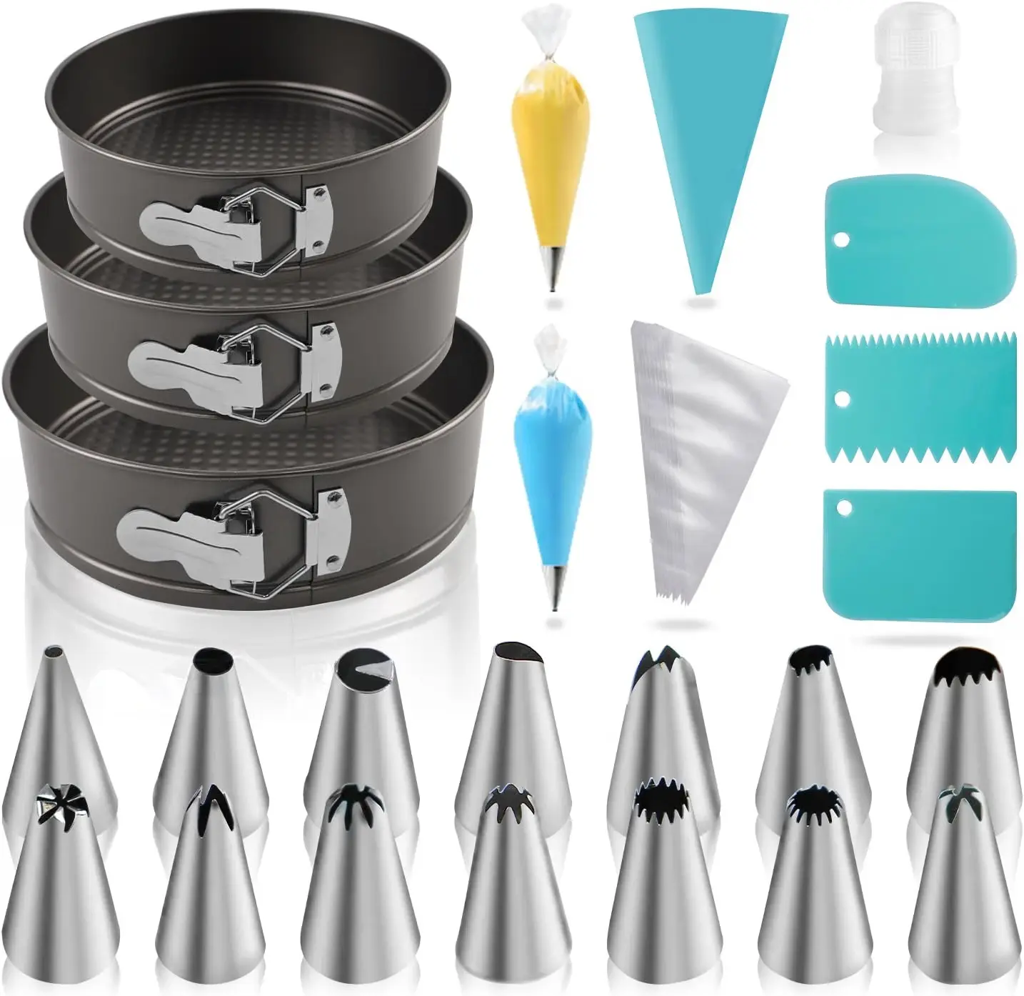 122-Piece Nonstick Bakeware Set - 7/8/9 in Round Springform Cheesecake Pans, 100 Piping Bags, 16 Nozzles, 3 Scrapers