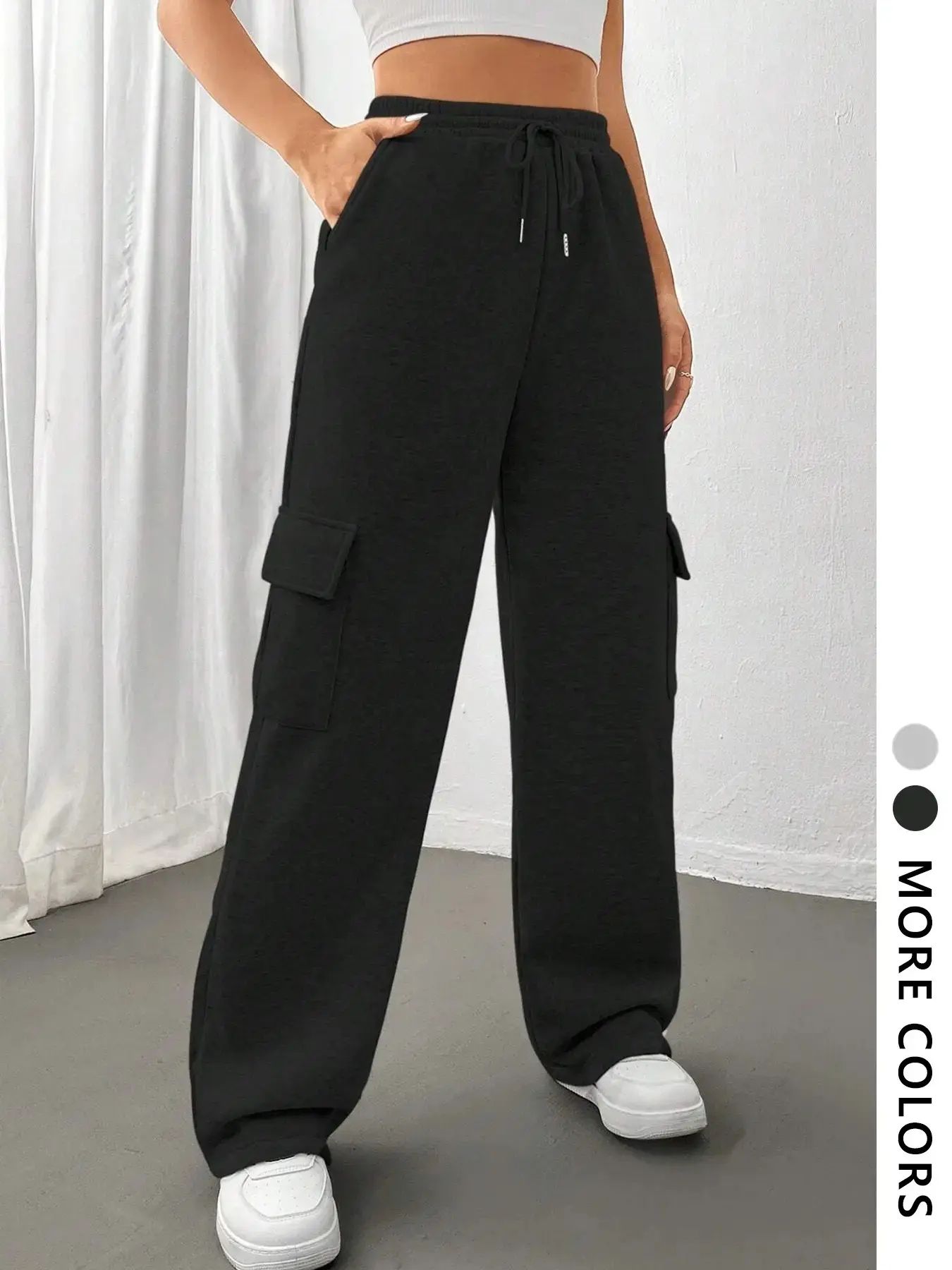 Women's Solid Color Athletic Cargo Jogger Sweatpants, Heavyweight 100% Oversized Workout Pants, Baggy Jogging Pants, Adjustable Drawstring Waist & Multiple Pockets, All-Season Gym Pants, Wide Sweatpants