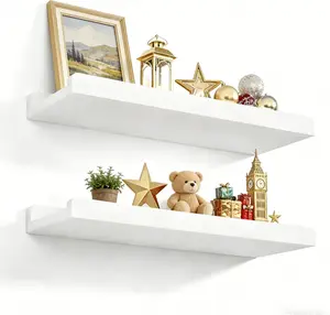 17-Inch Rustic White Wood Floating Wall Mounted Shelves Set of 2, Home Organizer Storage Racks with 36 lbs Total Capacity, Decor, Pre-Drilled Holes, Protective Ledge, Includes Hardware for Bedroom, Living Room