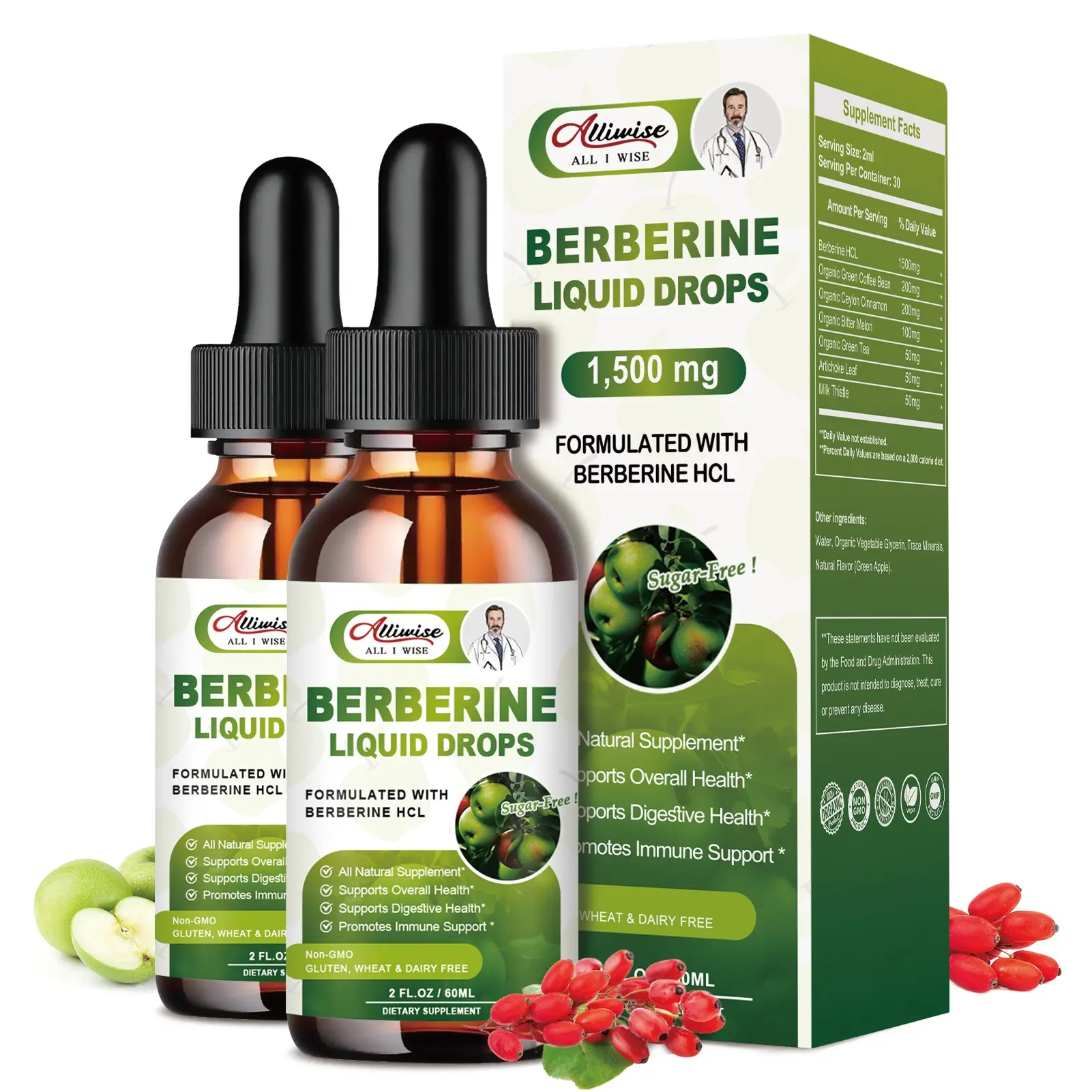 (2 Pack) Organic Berberine HCL Liquid Drops Supplements - 1500mg Premium 7 Herbs Blend with Pure Ceylon Cinnamon, Natural Antioxidant Herbal Botanical Extracts - Supports Immune, Digestive, Cognitive Function & Brain Health - 4 Fl Oz (2 Bottles), Body Hea