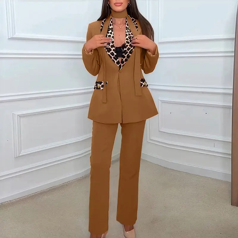 CHICME Women's 2 Pieces Outfit Metal Decor Leopard Print Spliced Shawl Collar Single Breasted Flap Detail Coat and Zipper Fly Pants Wedding Guest Set Casual Blazer Set with Utility Belt Wedding