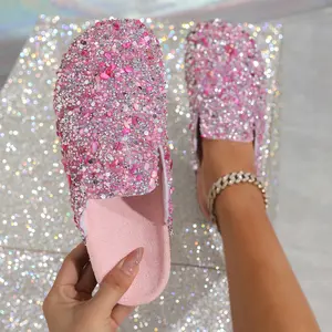 Blingbling Women's Fashionable Rhinestone & Sequins Decorated Slip-On Sandals - Casual Comfortable Flat Sandals for Beach, Valentine's Day Gift - Girl Footwear Walking Shoes Slipper Pink Flipflop Slide