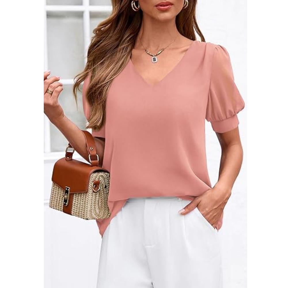 PRETTYGARDEN Womens Tops Dressy Casual Puff Sleeve Chiffon Blouses V Neck Business Work Shirts Summer Fashion Clothing