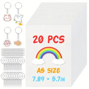 Shrinky paper Sheets Kit, Shrinky paper Keychain Kit Set Includes 20 Heat Shrink Tabs, 20 Key Chains, and 100 Open Key Rings, Shrinky paper Kit Suitable for Bracelet Key Chain DIY Production