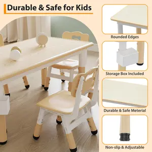 【GARVEE】Adjustable Height Kids Table and 6 Chairs Set with Storage, Graffiti Top, and Non-Slip Legs for Toddlers and Children Ages 2-10, Ideal for Classroom and Home Activities
