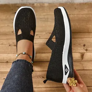 Rain Core | Retro Embroidery Slip-On Sneakers for Women - Breathable Mesh Casual Shoes |   Lightweight PVC Sole with Round Toe Design, Soft Fabric Upper for All-Season Wear
