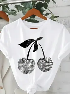 Plus Size White Graphic Short Sleeve T-Shirt, Cute Summer Top, Casual Street Style
