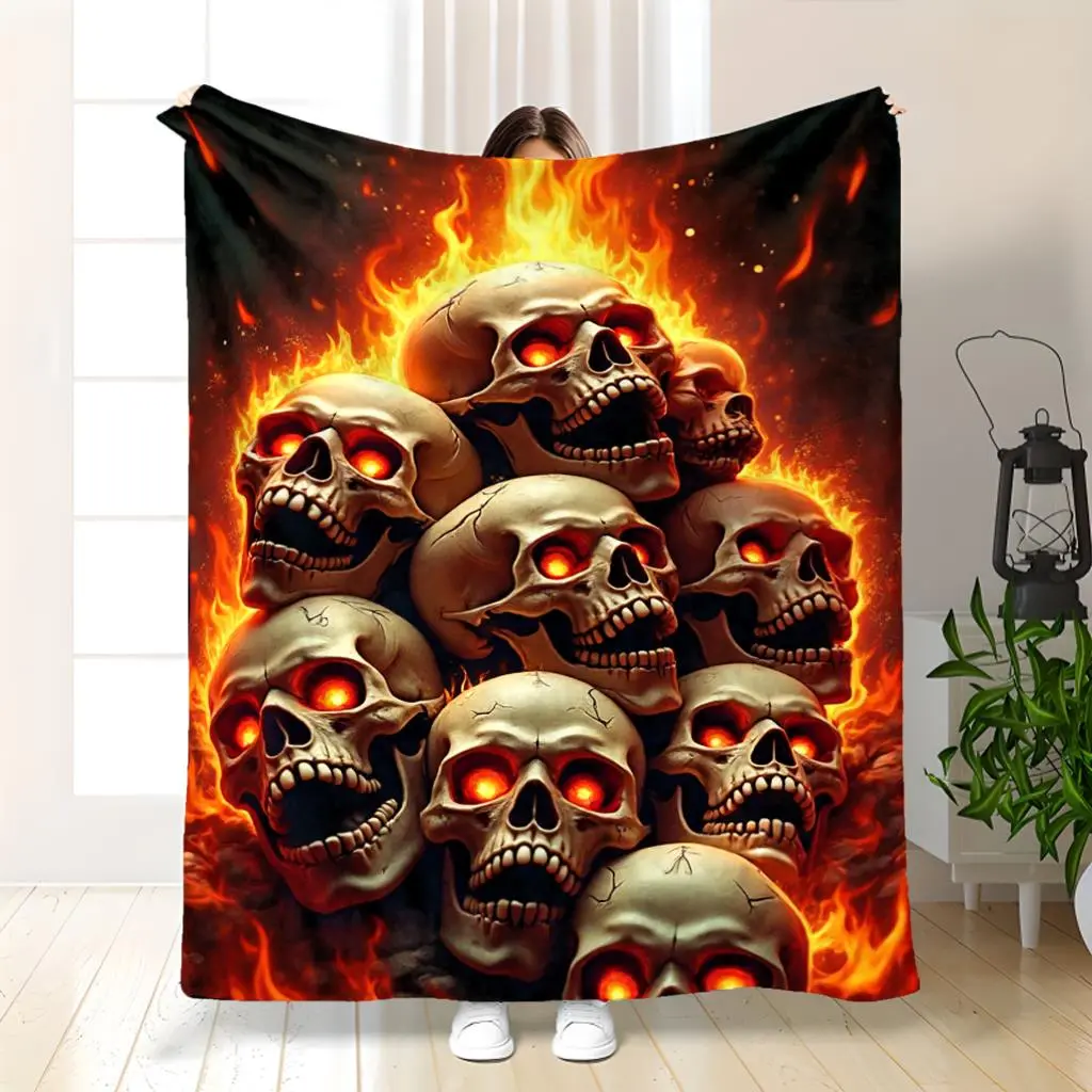 Hand Crochet Gothic Skull Flames Print Horror Decor Blanket - Super Soft Anti-Static Flannel Bedspread, Glowing Embers Effect, Wrinkle-Resistant, All-Season, Machine-Washable, Multi-Size (31/47/59/78in) - Holiday Gift for Horror Fans