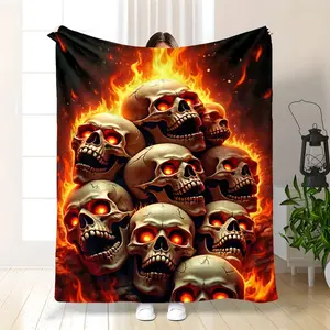 Gothic Flame Skull Blanket Super Soft Anti-Static Flannel Bedspread with Glowing Embers Effect Machine Washable 31/47/59/78inch Sizes Comfortable for Horror & Metal Fans