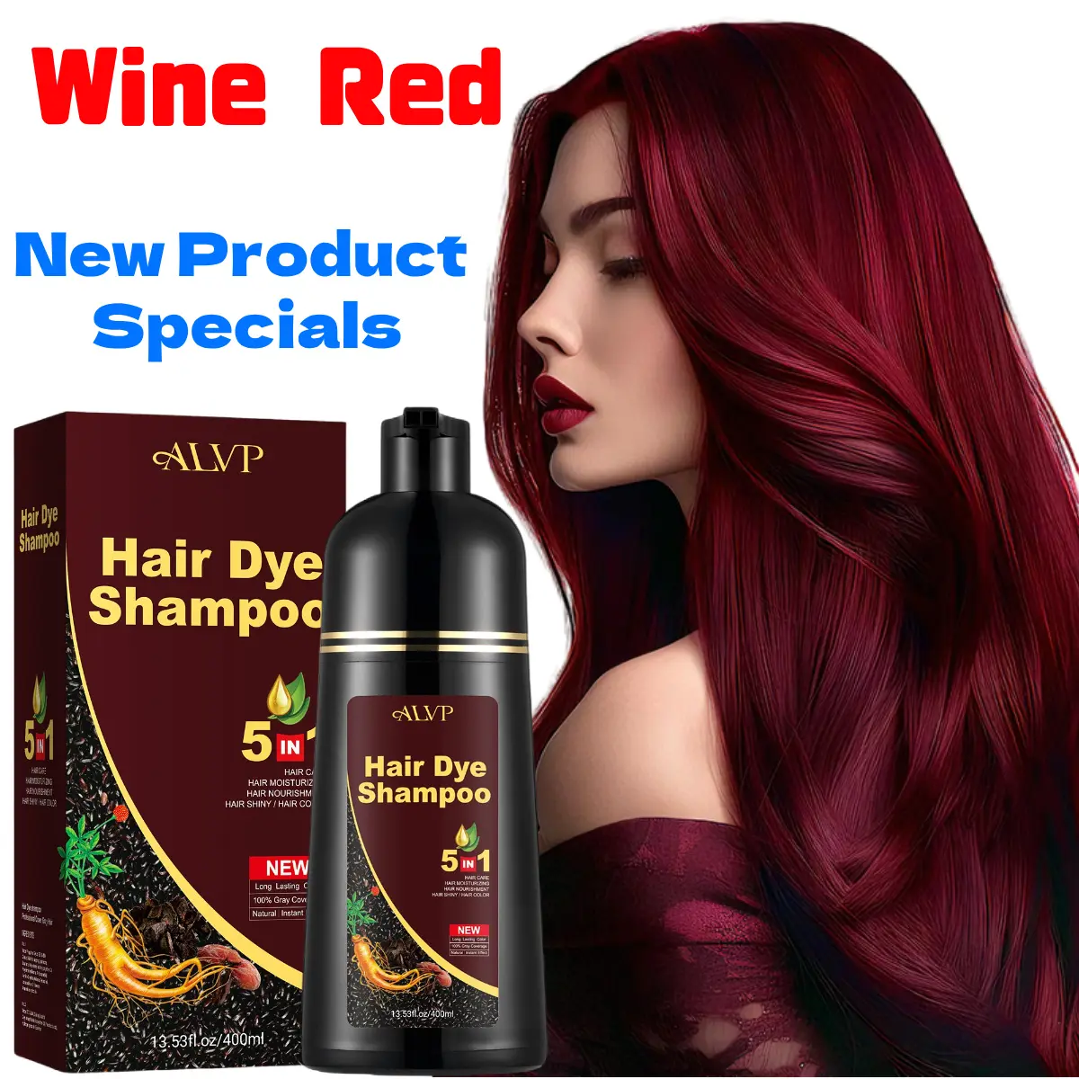ALVP 2026 5-in-1 Herbal Hair Dye Shampoo with Ginseng, Gentle Mild Wine Red Grey Hair Coverage for Women, Nourishes Scalp, Long-Lasting Haircare, Ideal Gift Option
