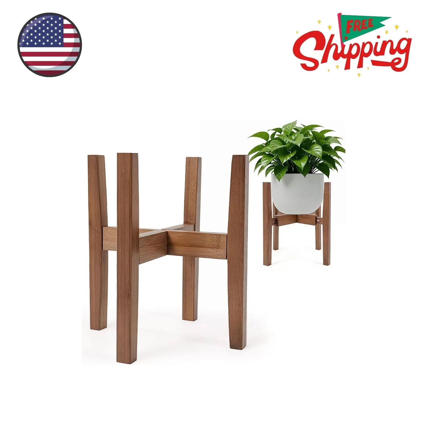 Natural Bamboo Plant Stand Indoor, Adjustable Plant Shelf Fits 8-12 Inch Pots