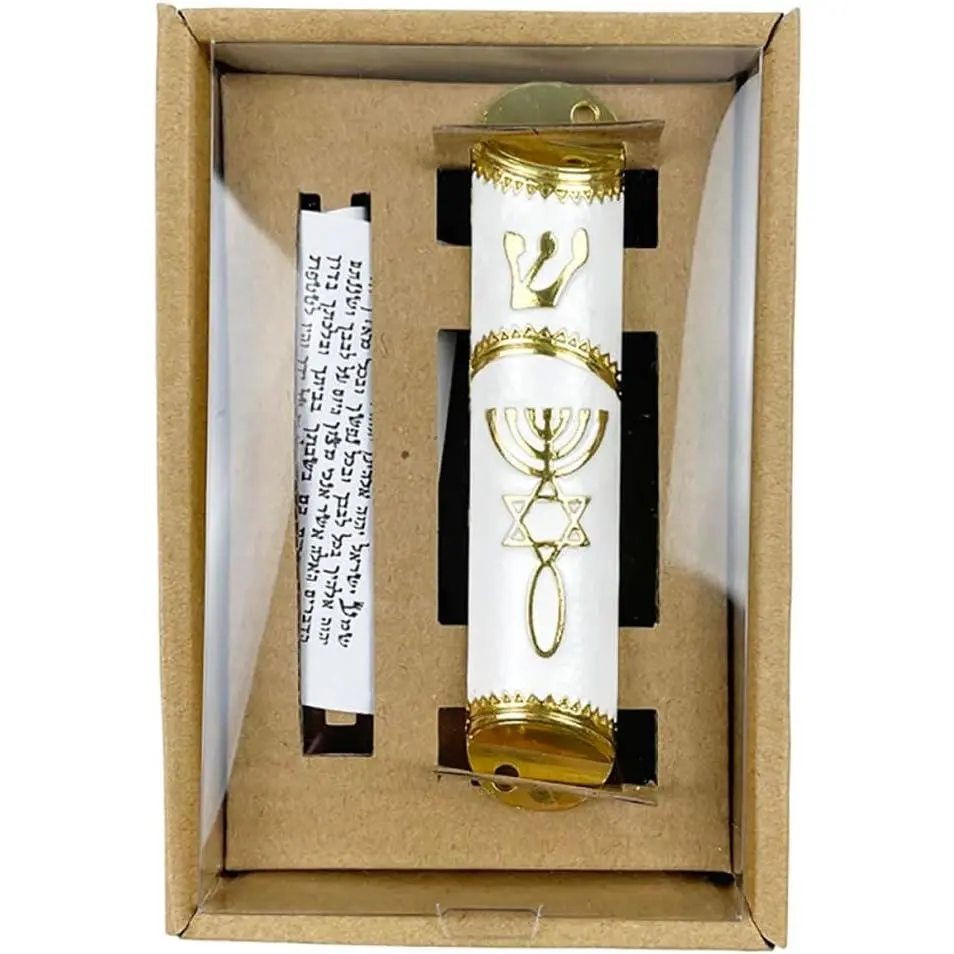White Gold Traditional Jewish Mezuzah - Easy-Install Religious Judaism Doorframe Case, Compact Elongated Indoor Front Door Decor Home Hanging Houseware with Authentic Jewish Symbols