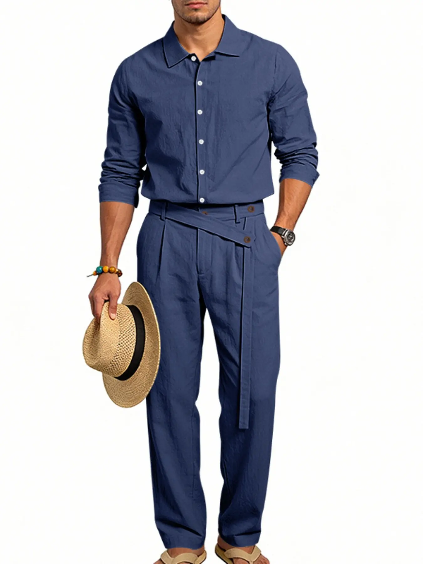 Men's Linen Casual, Spring & Fall Loose-Fit Shirt and Pants Set, Long Sleeve Button-Down Blouse, Wholesale Clothing