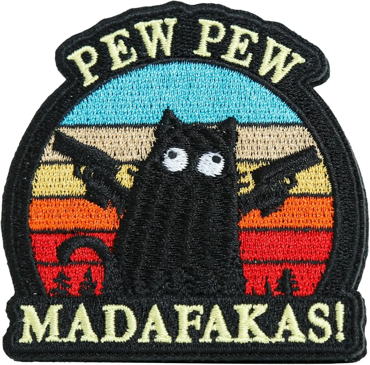 Funny Black Cat "Pew Pew Madafakas" Lettered Embroidery Patch, Polyester Embroidery Patch with Hook-and-Loop or Iron-On Application for MOLLE Backpack, Jacket