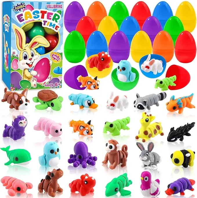 Summer Spring Gift 24pcs Prefilled Easter Eggs 3D Printed Animals for Kids, Easter Plastic Egg Basket Stuffers Hunt Gifts for Boys Girls Easter Prizes Goodie Bag Classroom Birthday Party Favor