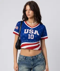 Womens Blue Soccer Style Crop Top Custom Name Number V Neck Breathable Quick Dry Sporty Shirt Trendy Game Day Outfit