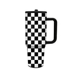 1pc 40oz Stainless Steel Tumbler with Handle and Straw, Insulated Tumbler, Insulated Vacuum Cup, black and white checkered design, keeps drinks hot or cold, for home use, gift for girlfriend, mom, Mother's Day, Birthday