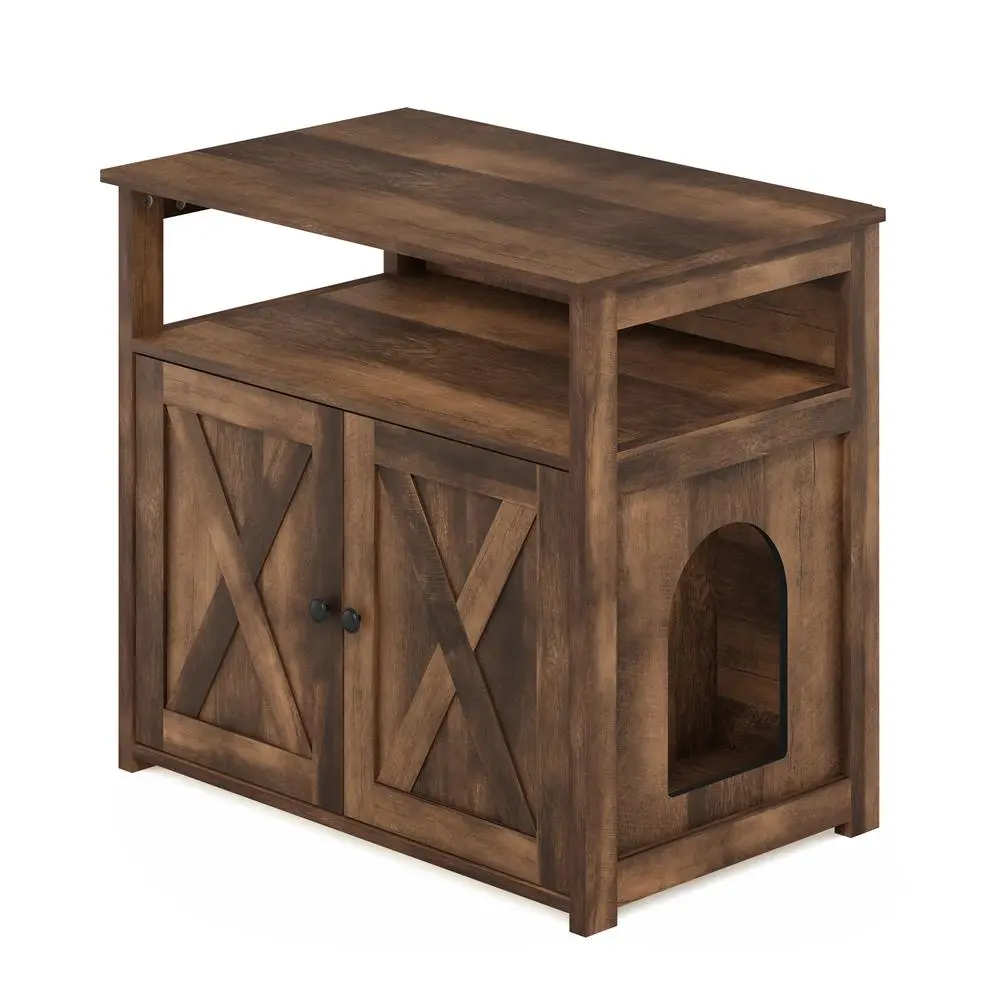 Furinno Peli Farmhouse Cat Litter Cabinet with Storage & 2 Doors - Rustic Brown