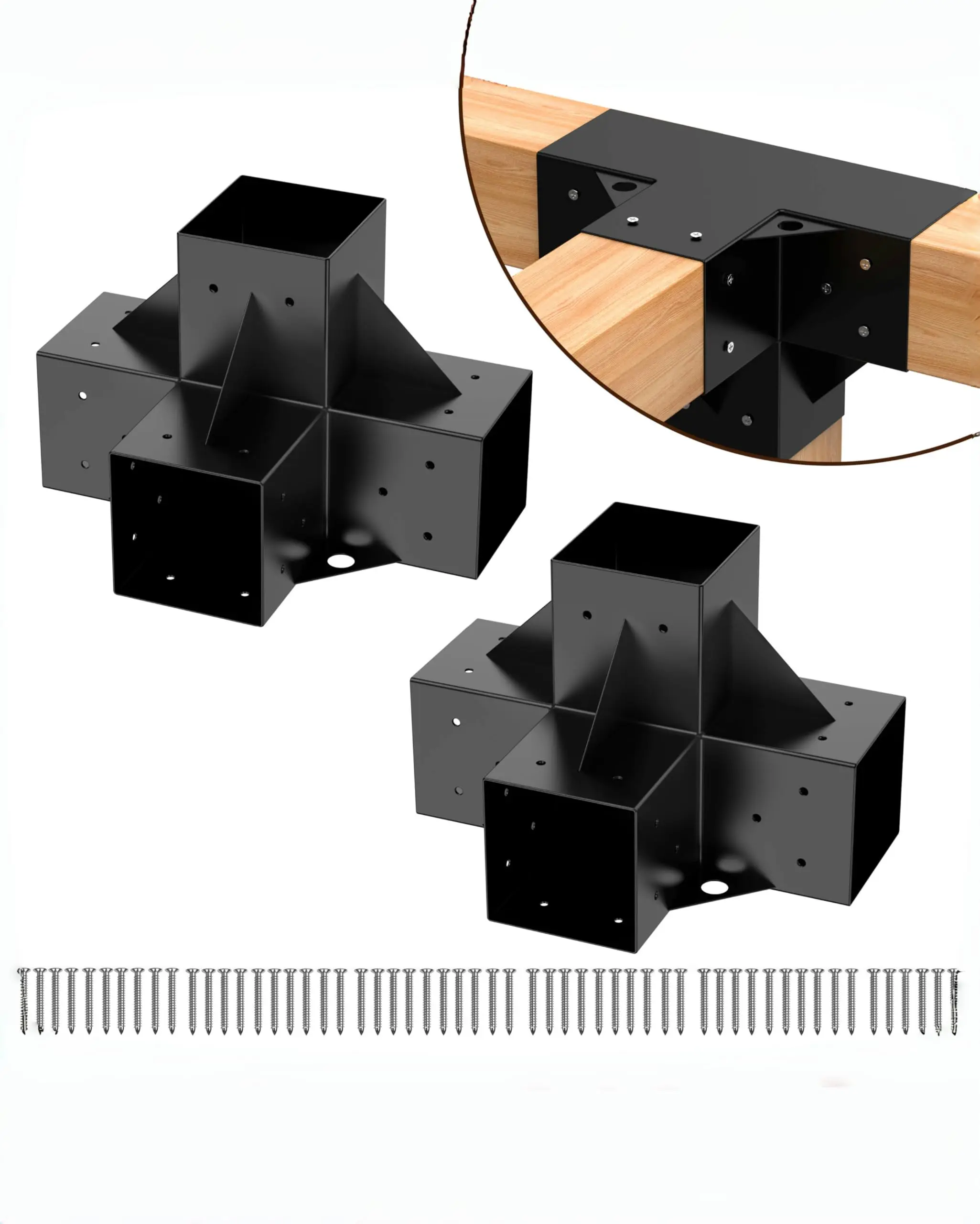 GARVEE Pergola Brackets Kit 6x6'' (Inner Size 5.6x5.6), 2PCS 4way Heavy Duty Gazebo Brackets Right Angle Corner Bracket Woodwork DIY Pergola Kit with Black Powder Coated Support for Patio Pergolas, Log Cabin
