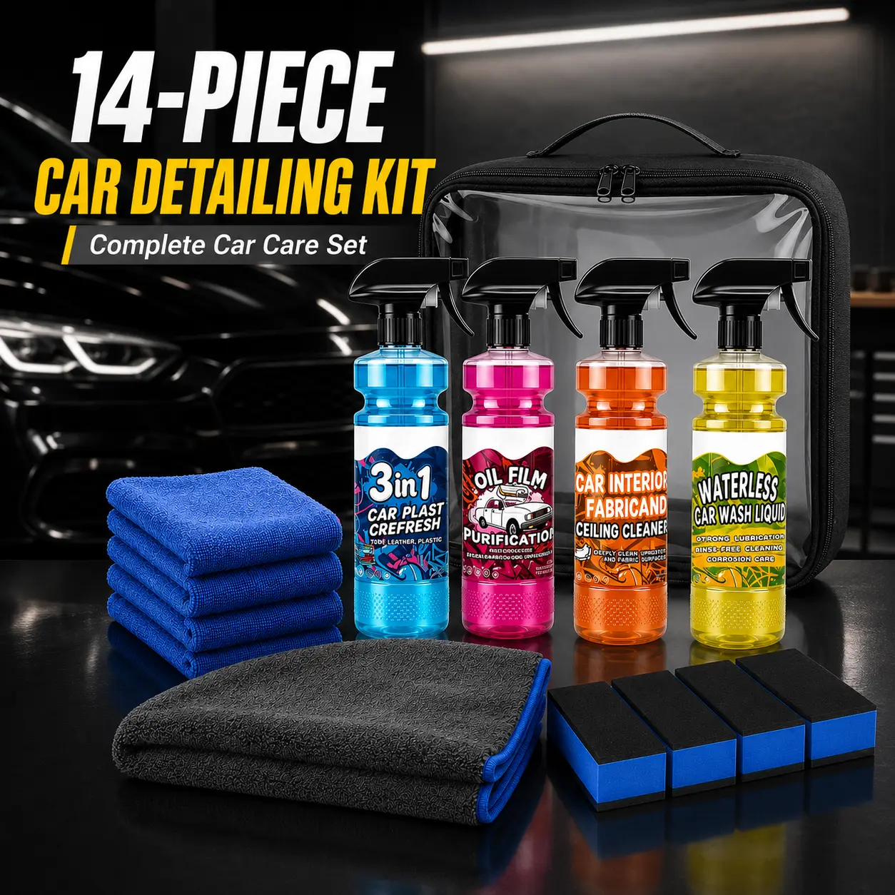 14-Piece Car Detailing Kit, Complete Car Cleaning Set with Windshield Oil Film Remover, Interior Fabric Cleaner, Waterless Car Wash & Polish, Tire & Plastic Care, Towels, Sponges & Storage Bag** effective, Cars, Cleaning Tools