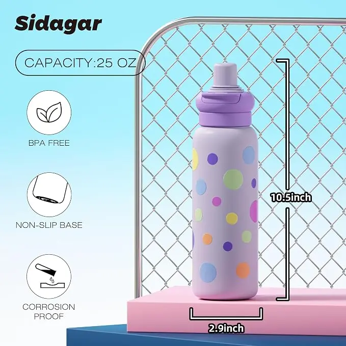 Sidagar 24 oz Sporty Insulated Water Bottle - Vibrant Rainbow Stripes Design - Sidagar MOMEN Stainless Steel Vacuum Flask - Modern Aesthetic Hydration Bottle for Outdoor, Fitness, Daily Use