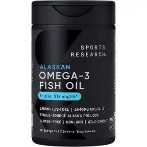 Sports Research Triple Strength Omega 3 Fish Oil 1250mg from Wild Alaskan Pollock - Burpless Fish Oil Supplement with Omega-3 EPA & DHA - Sustainably Sourced, Non-GMO, Gluten Free - 30 Softgels