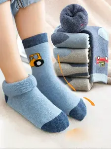 5 Pairs Cartoon Car Fleece Socks, Autumn Winter Thick Warm Towel Socks, Baby Plush Thermal Socks, Boys Middle School Students, Home Floor Socks