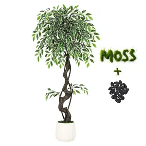 Lifelike Artificial Ficus Tree - Tall Faux Plant with 1100+ Realistic Silk Leaves, Natural Trunk, White Planter, Green Moss & Pebbles, Maintenance-Free Indoor/Outdoor Decoration for Home, Office, Living Room
