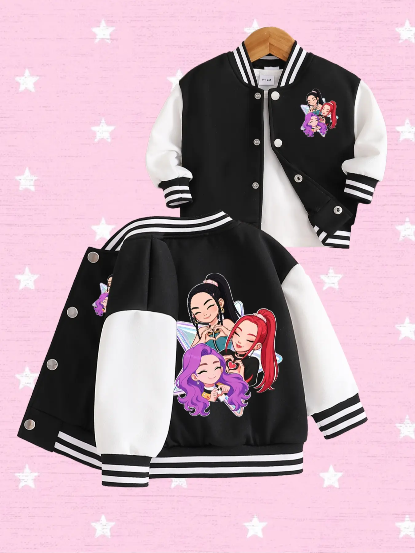 Cute Anime Girl Group Print Baseball Jacket, Button, Block Long Sleeve, K-Pop Essential, All Seasons, Casual Outdoor Wear