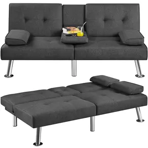 Yaheetech  Convertible Fabric  Futon Sofas&Sofa Bed with 2 Throw Pillows & Drop-down Cup Holders, 3-In-1 Adjustable Futon Couch