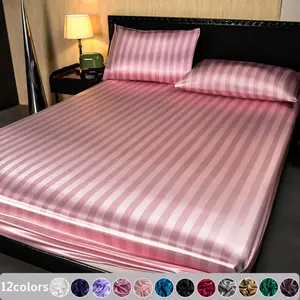 2/3pcs Satin Striped Bedding Set, Silky Soft Comfortable Bed Sheets, Cooling Breathable Silk-Like Bedding, Dustproof Mattress Protector, Machine Washable for Bedroom, Guest Room and Dorm, Soft Bedding Sets
