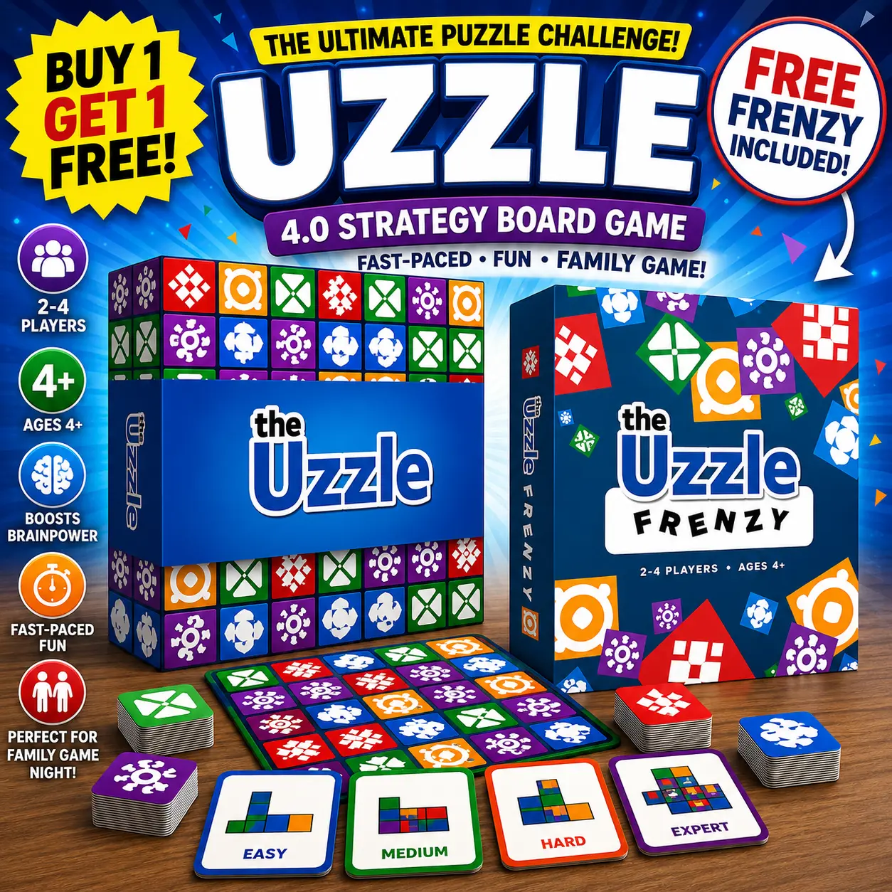 Uzzle 4.0 Strategy Board Game + Free Uzzle Frenzy Expansion | 100 New Challenges | Family Tabletop Puzzle Game Set