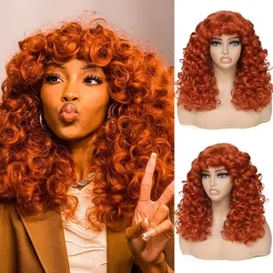 Female 20-Inch Ginger Synthetic Kinky Curly Wig with Bangs, 22.5-Inch Adjustable Cap, Modern Style for Women, Cosplay & Daily Use