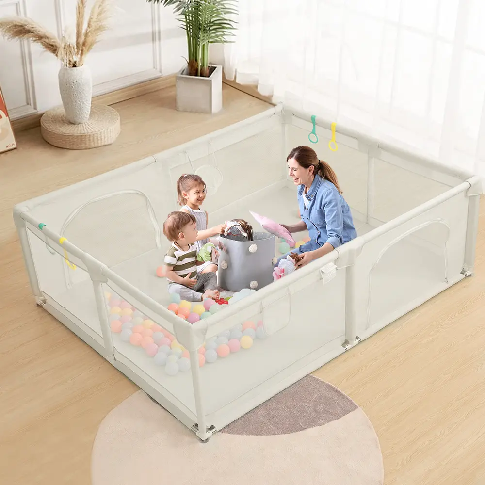 CAVEEN Baby Playpen, 79" x 63" x 26.5" Extra Large Playard, Portable Soft Mesh Sturdy Pipe Ample Space for abies and Toddler, Safe and Non-Slip Baby Fence, Full Mesh Design, Indoor & Outdoor Kids Activity Center, Beige