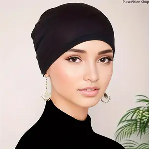 1pc Chic Brown Elastic Turban Cap, Soft Polyester Snap Closure Head Wrap for Ramadan & Chemo