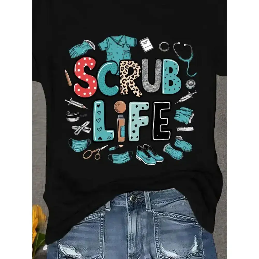 Women's Soft Fabric Round Neck Short-Sleeve Tshirt - Nurse Theme Top with Medical Graphics, Stethoscope Print for Casual Daily Wear, Fitted Cut, Party, Shortsleeve, Clothes