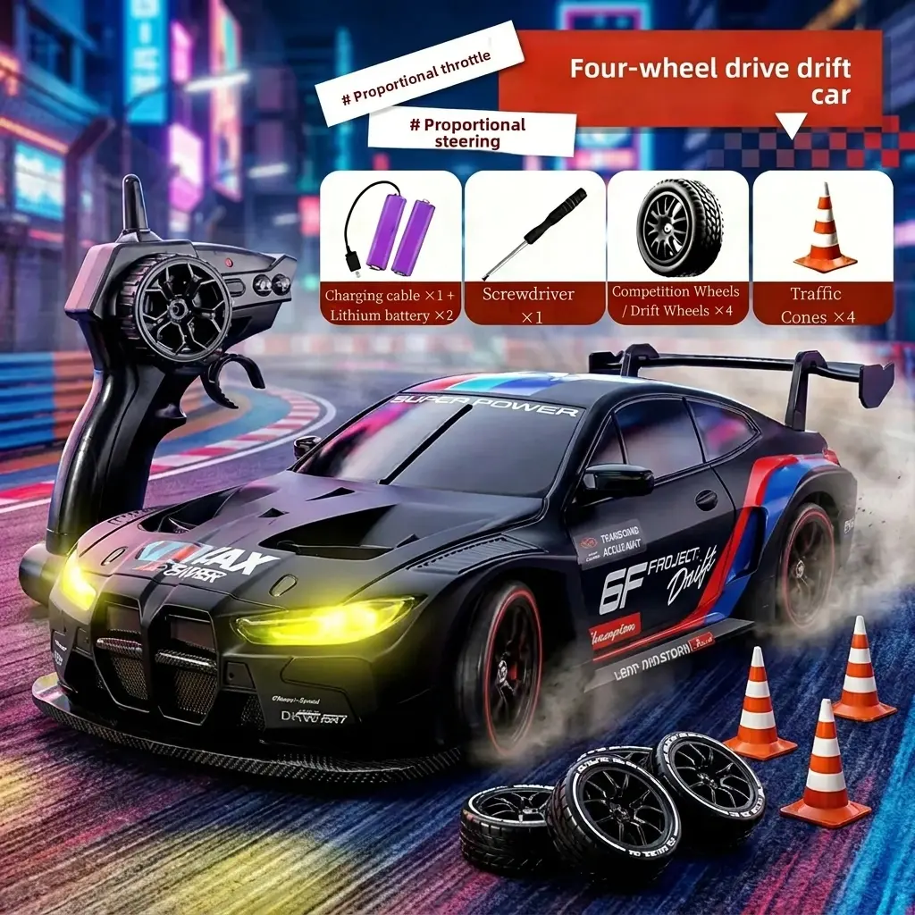 4WD Drift RC Stunt Car, RC Controlled Vehicle with Full Proportional Throttle, Fast Racing Toy, Spare Drift Tires, and Dual Batteries