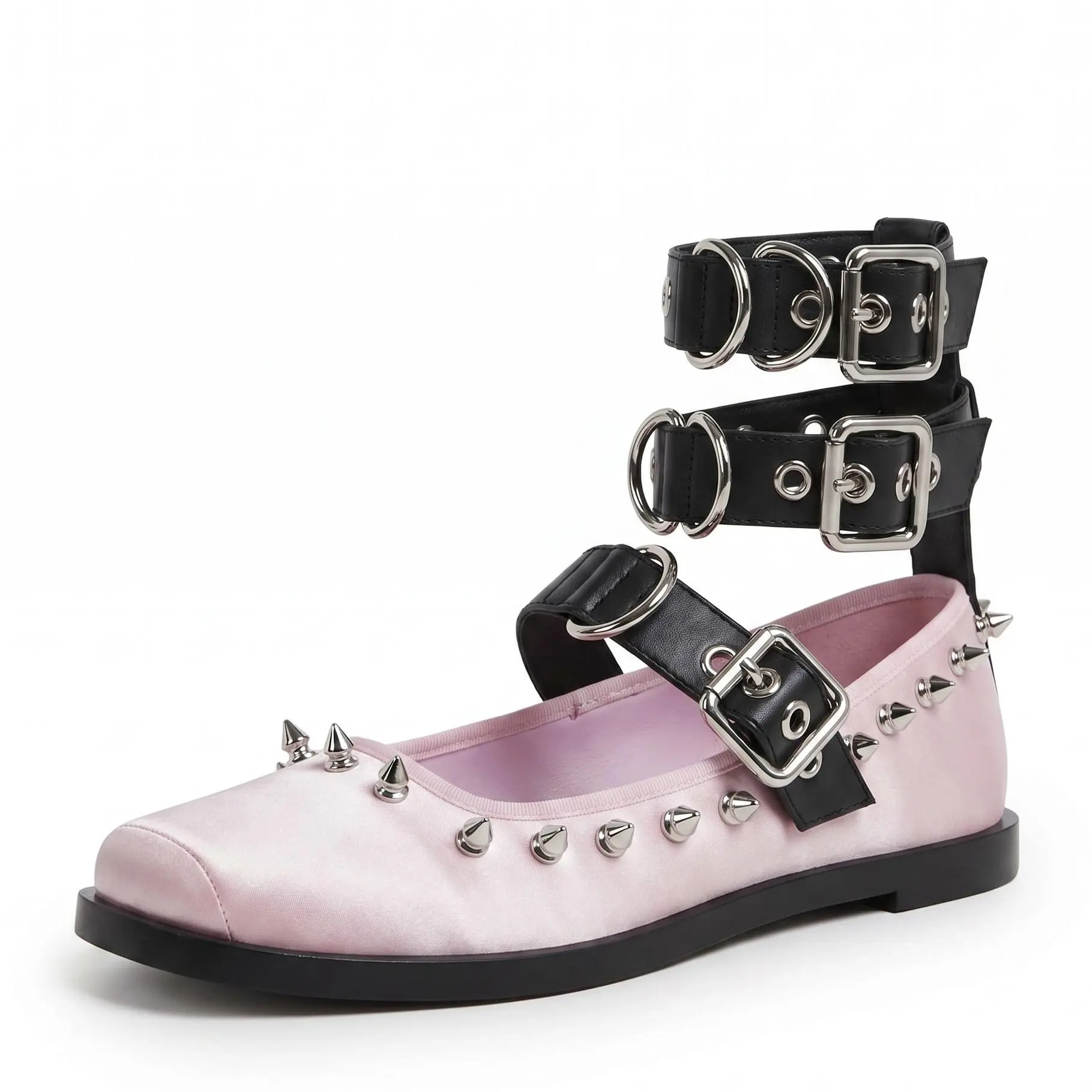EROCALLI Women's Custom Pink Satin Studded Ballet Flats - Adjustable Mary Janes with Multi Ankle Buckle Straps, Gothic Punk Y2K Alt Aesthetic, All Seasons Party Outdoor Wear Soft Comfortable Edgy Casual Womens' Shoes