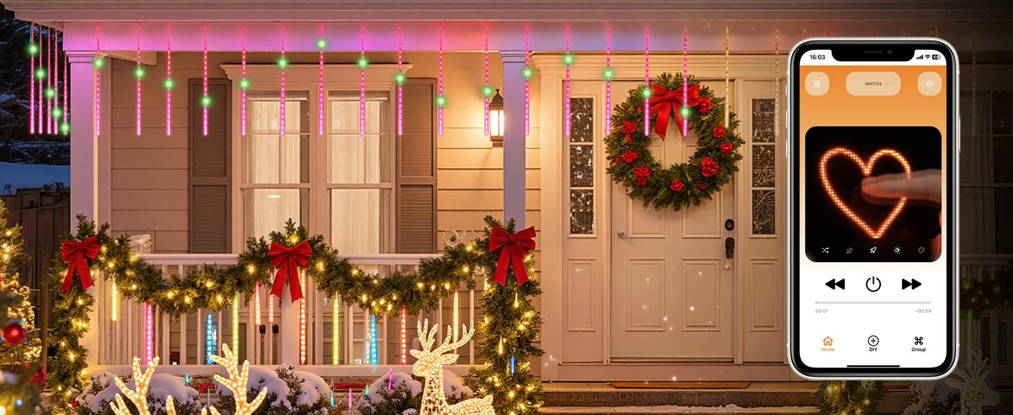 Smart Meteor Shower Lights Outdoor, 16Tube 256LED 24.6ft Color Changing Dripping Icicle Christmas Lights for Outdoor Outside, APP Controlled RGB Customize Display DIY Dynamic Lighting Effec