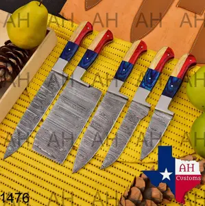 Handmade Damascus Steel Chef's Knife Set in US Flag Colors, Set of 5 Pieces with Meat Cleaver, Bread Knife, and Gift for Him or Her, Sharp Knives, Kitchen Knives. 1476 Chef Knife Knife Block Block Blade