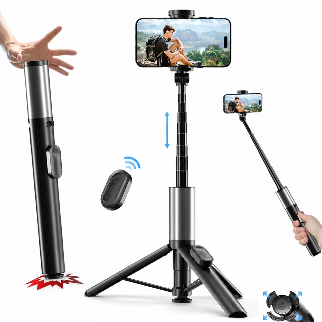 62'' Atuo-Pop Phone Tripod, Touchdown Auto-Open, Hidden Fitting Interface, Tripod for Iphone&Portable Selfie Stick Tripod with Remote, Phone Tripod Stand for Video Recording, Travel Tripod for Cell Phone Tripod Compatible with iPhone/Android