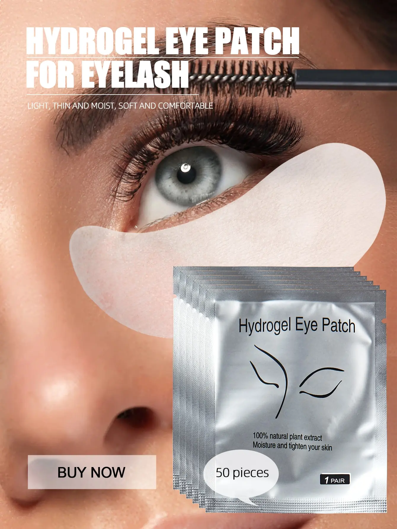 Silver Eye Patch 50 Pairs Pack - Gel Pad for Eyelash Extensions, Grafting, and Lint Free, Hydrated Formula - Cosmetic, Makeup