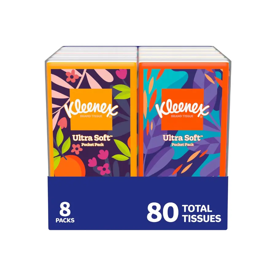 8-Pack On-The-Go Facial Tissues, 10 Tissues per Pack, 80 Total Portable Pocket Tissue Packs for Travel, Purse, Car & Everyday Use