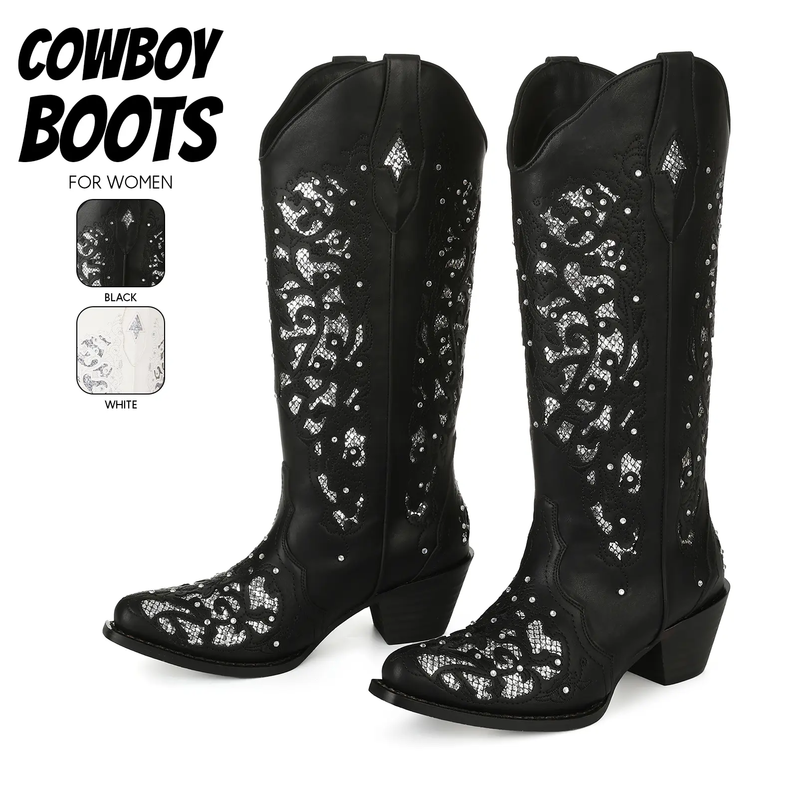Cowboy Boots For Women Glitter Boot Knee High Pointed Toe Chunky Block Heel Rhinestone Embroidery Bachelorette Country Wedding Music Concert Coachella Cowgirl Rodeo Bridal Festival Party Cowgirl Boots