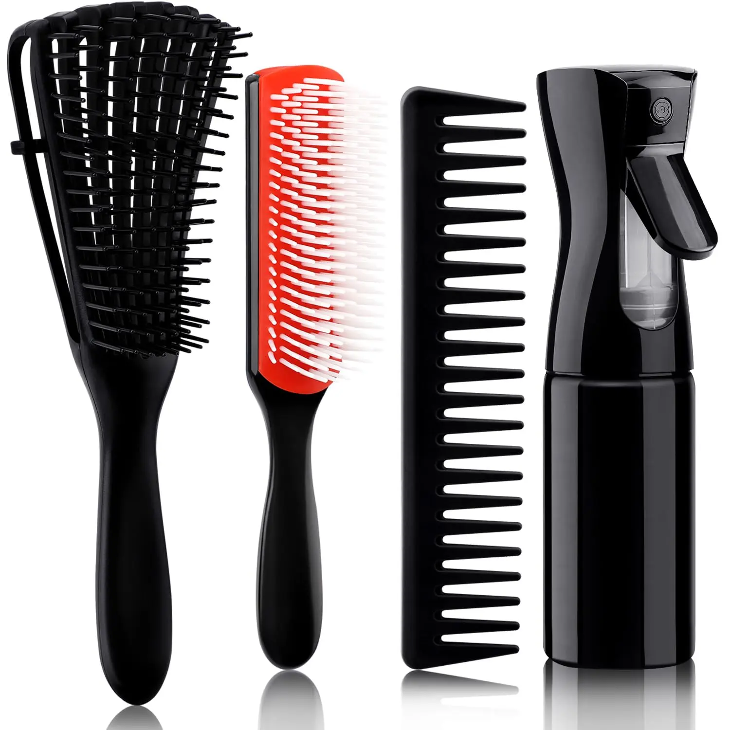 4pcs Curly Hair Brush Set for Adult Wet or Dry Hair, Detangling Brush for 3/4ABC Hair with Hair Detangler Brush Spray Bottle Wide Tooth comb (3+1, Red)